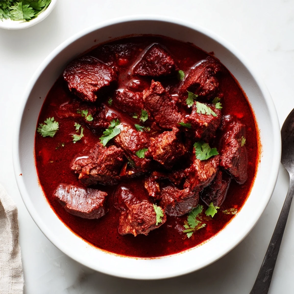 Tender beef chuck cubes smothered in rich red chili sauce garnished with fresh cilantro