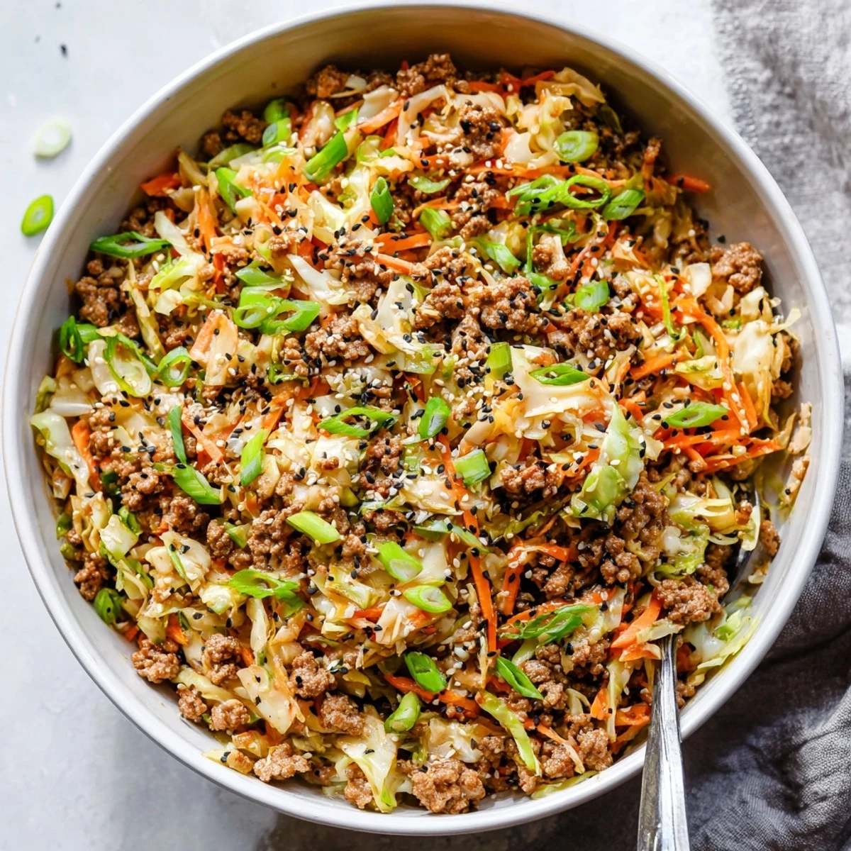 Golden brown ground pork stir-fried with crisp cabbage in egg roll in a bowl