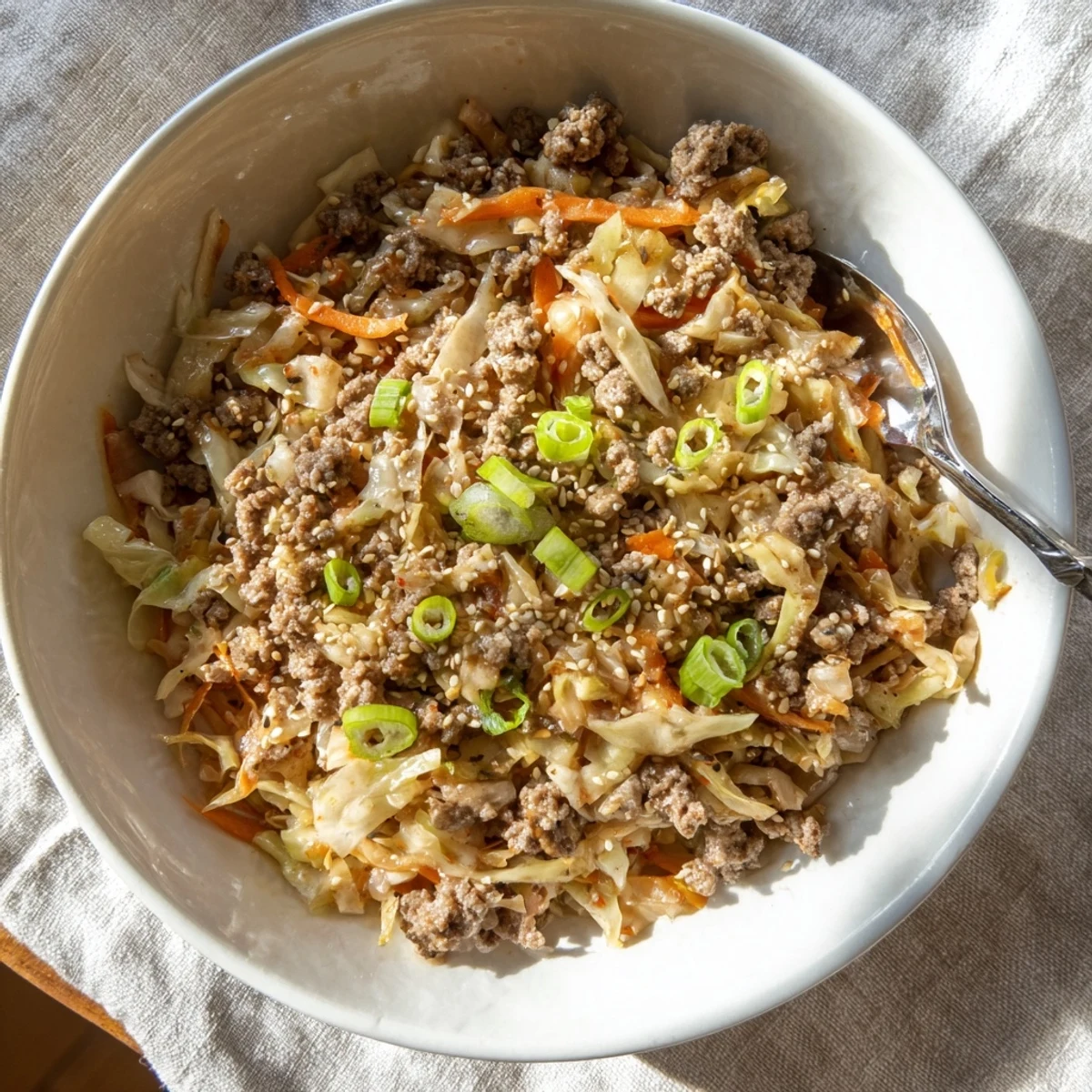 Steaming skillet of low carb egg roll in a bowl with shredded vegetables