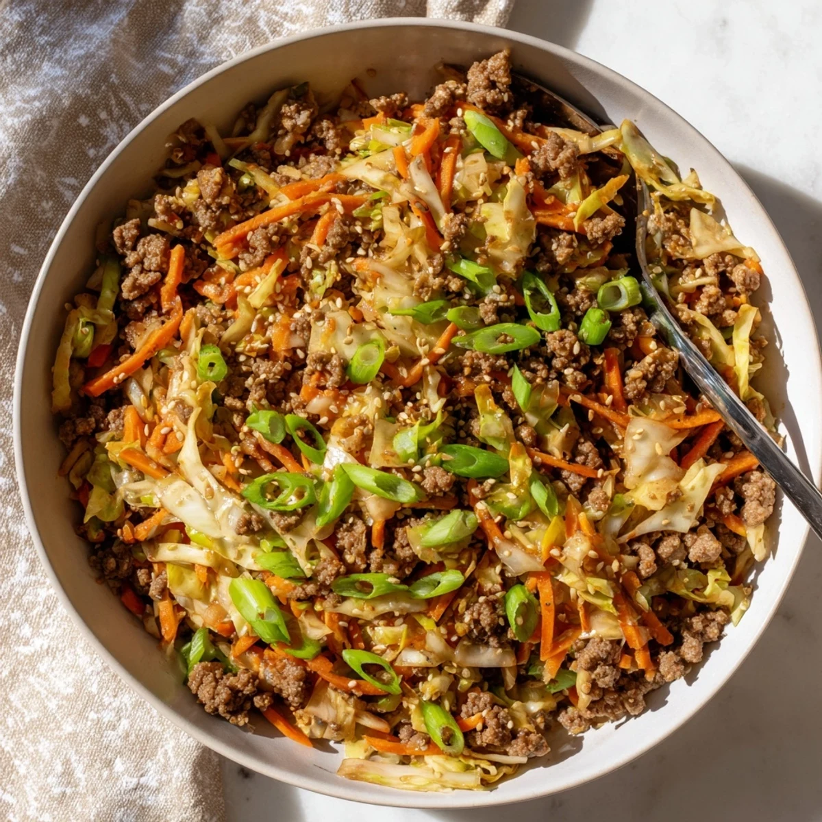 Savory egg roll in a bowl topped with green onions and sesame seeds
