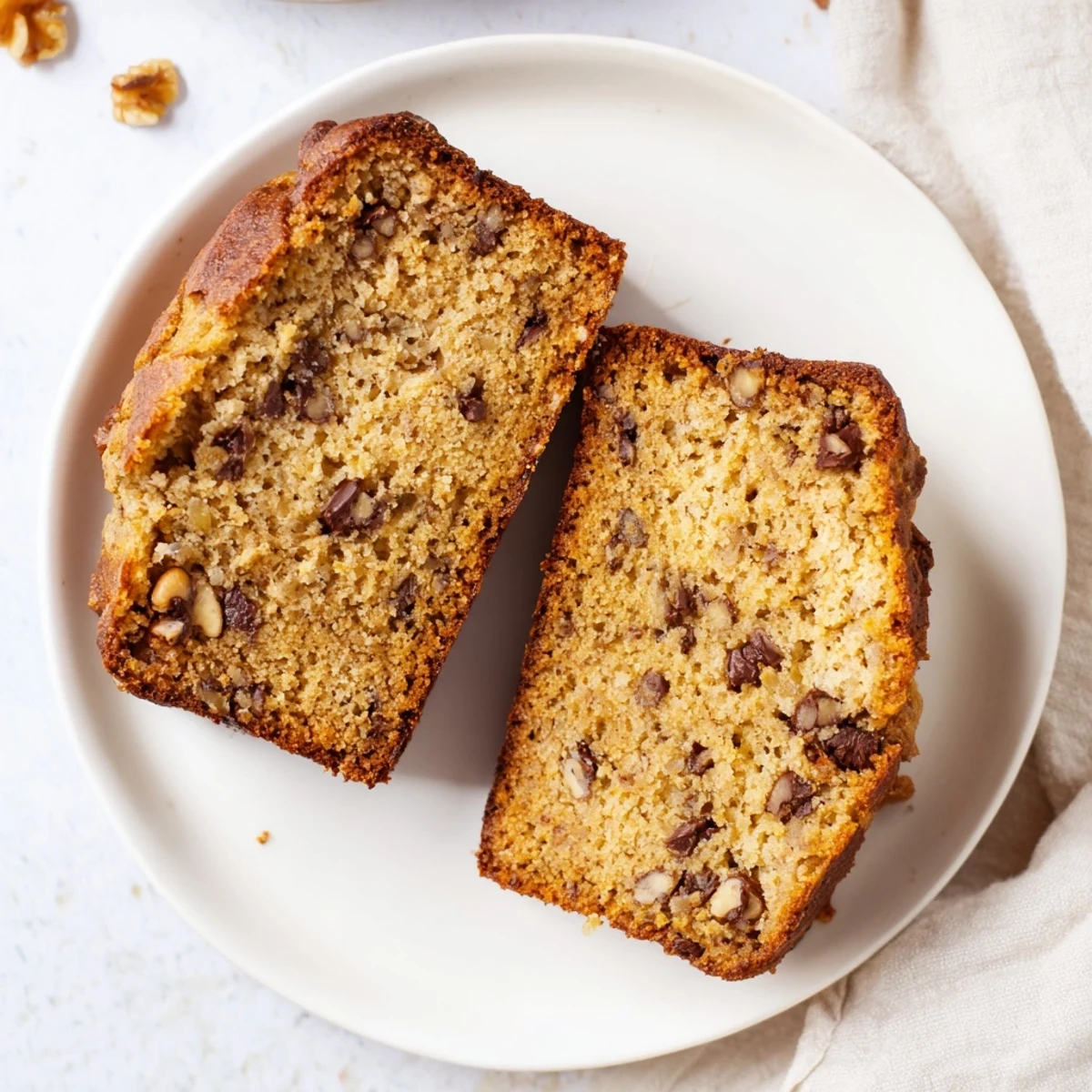 Slice of low carb banana bread on a white plate, dusted with powdered sweetener