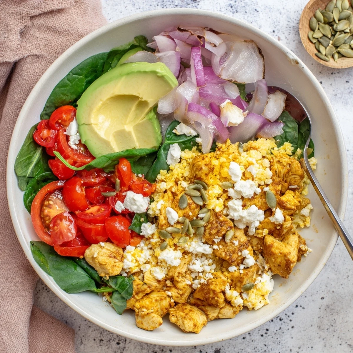 Colorful easy high protein breakfast bowl with fluffy scrambled eggs, fresh vegetables, and creamy avocado slices