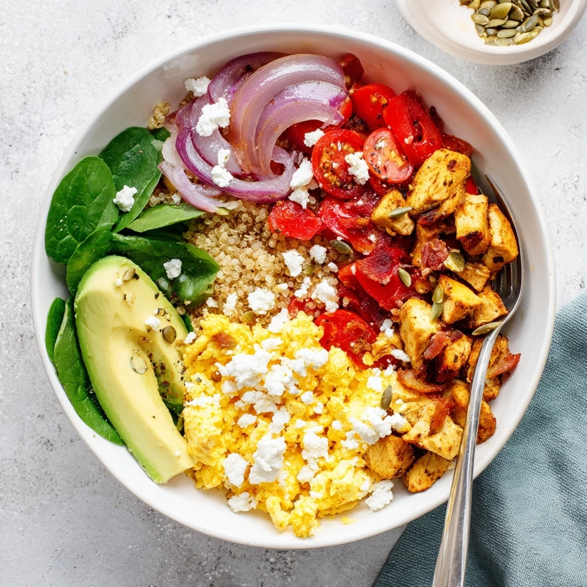 Satisfying easy high protein breakfast bowl topped with sliced avocado, pumpkin seeds, and crumbled feta cheese