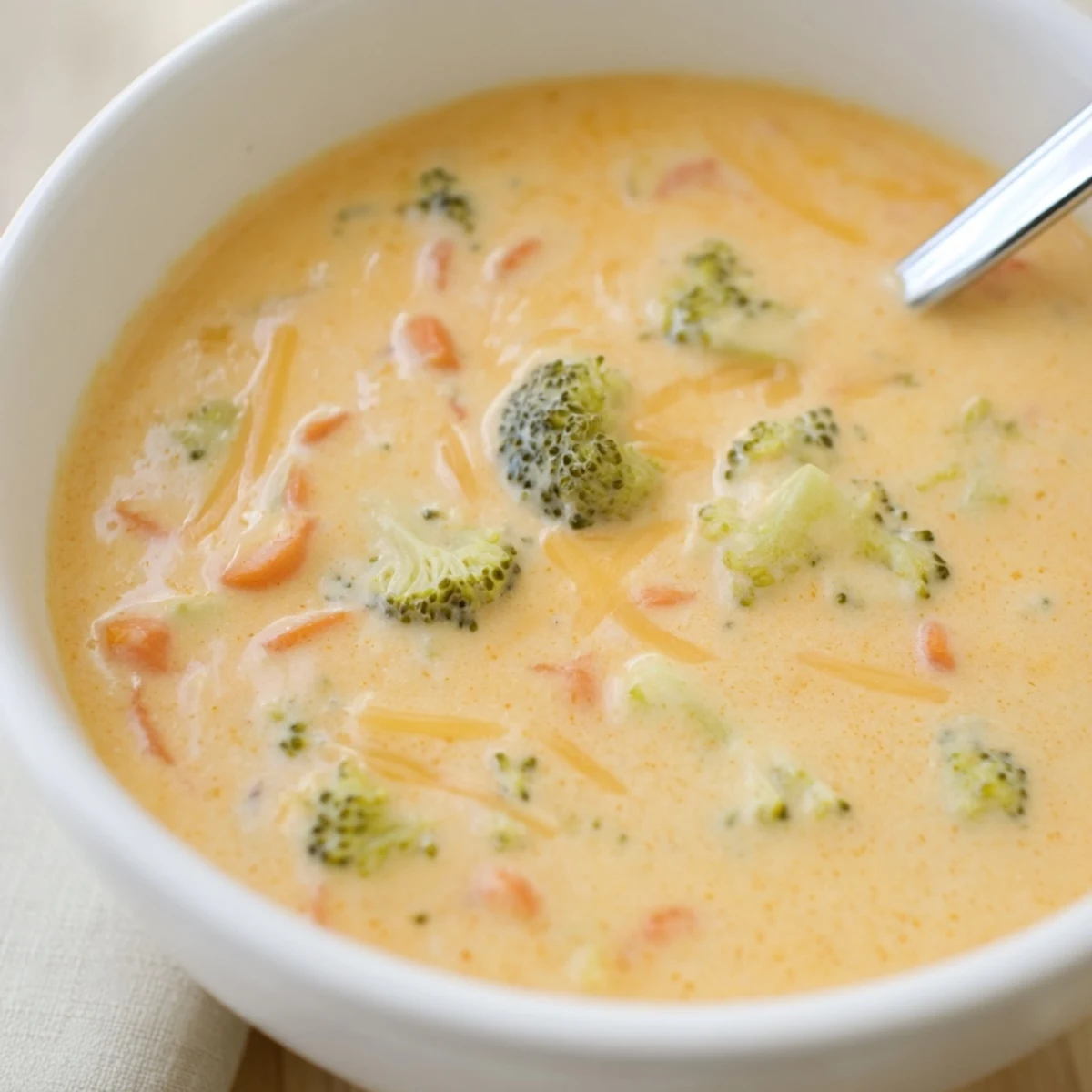 Creamy Instant Pot Broccoli Cheddar Soup garnished with melted cheese and fresh herbs in a white bowl