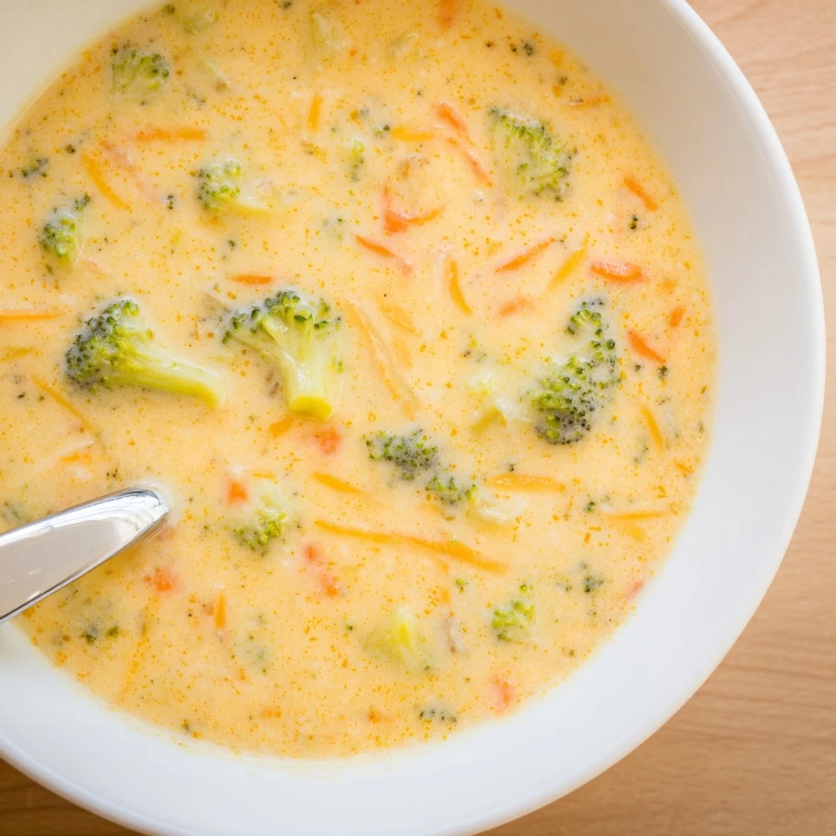 Velvety orange Instant Pot Broccoli Cheddar Soup steaming hot with crusty bread on wooden table