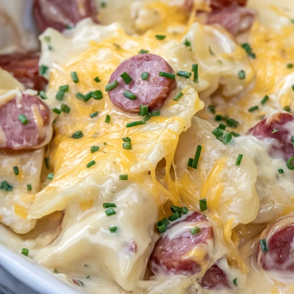 Slow cooker Crock Pot pierogi casserole layered with smoky kielbasa, melted cheddar, and golden pierogi