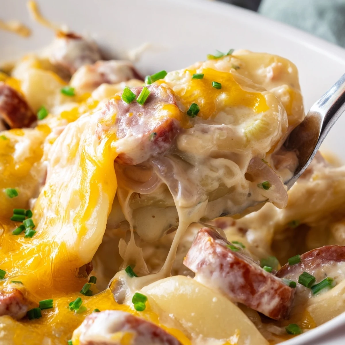 Bubbling Crock Pot pierogi casserole topped with cheesy goodness and sliced kielbasa sausage