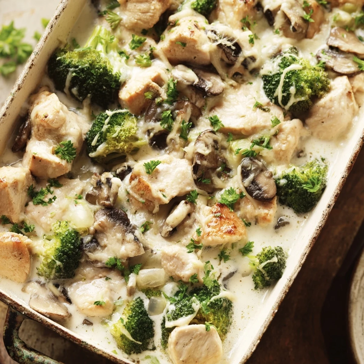 Golden bubbly creamy low carb chicken casserole topped with melted mozzarella and fresh parsley