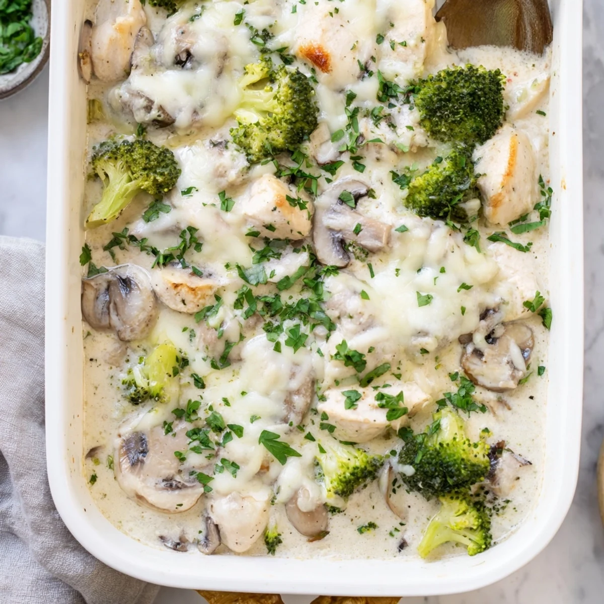 Baked casserole dish featuring tender chicken and broccoli in rich white cheese sauce