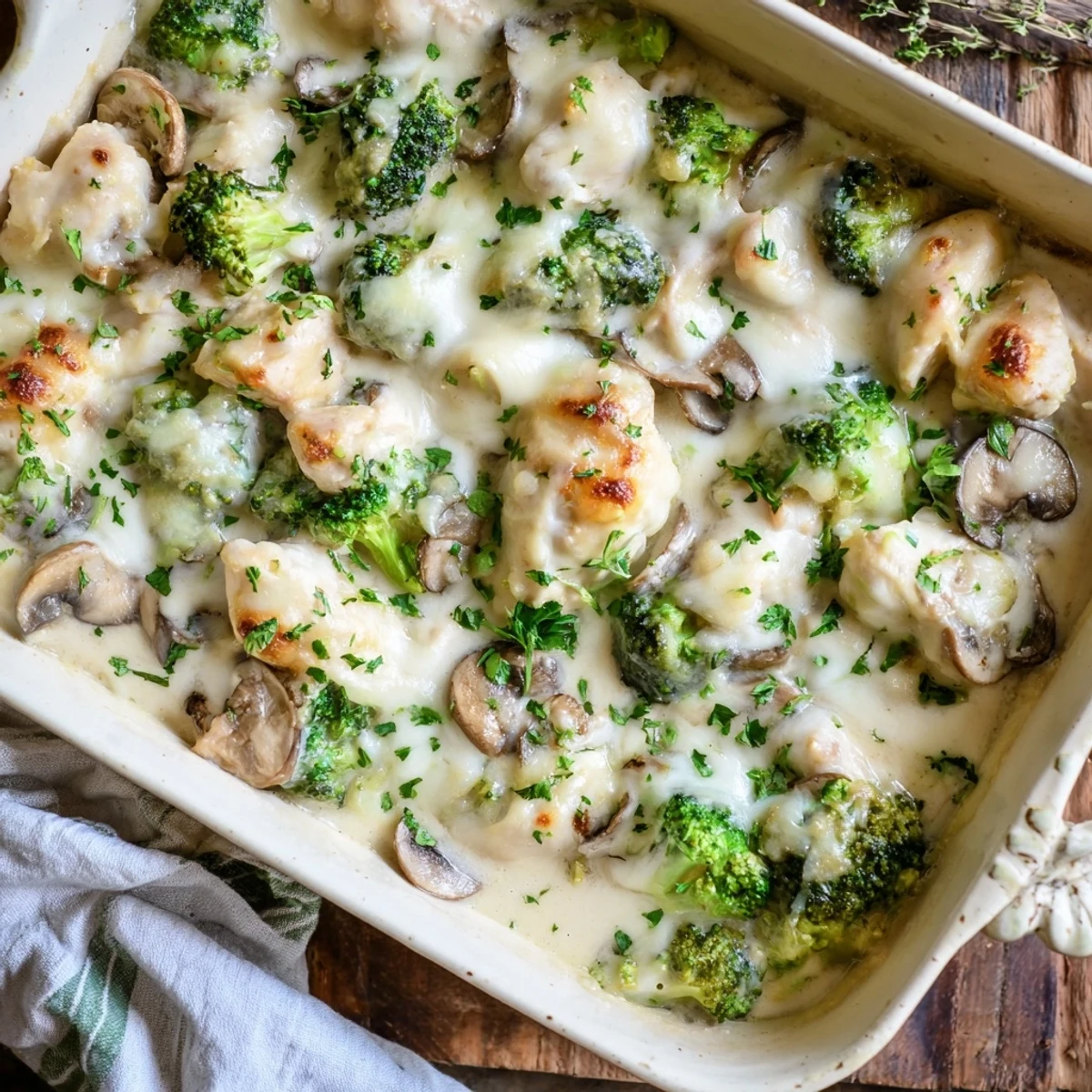 Comforting low carb chicken casserole with vegetables in creamy homemade sauce, golden brown top