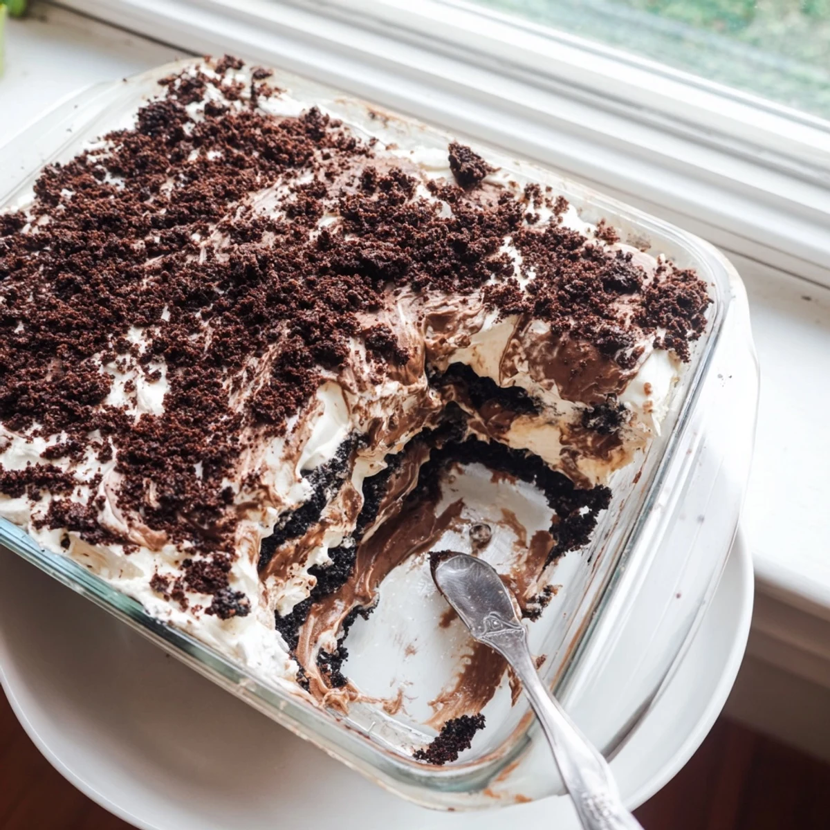 Individual serving jars of low-carb dirt cake featuring chocolate almond crumble, creamy pudding layers, and white whipped cream