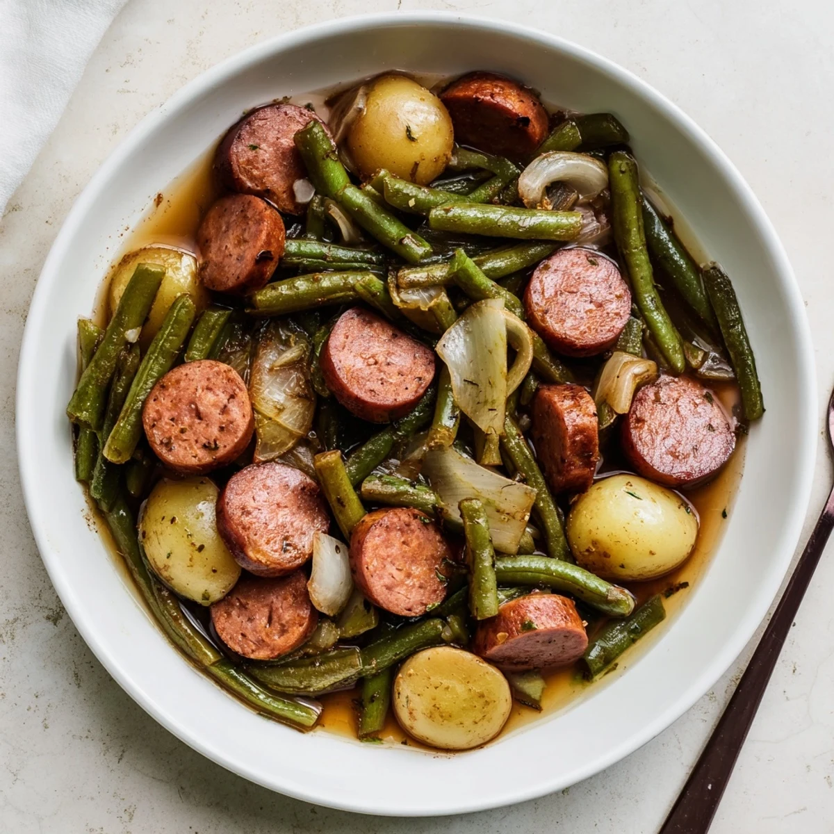Slow cooker Crockpot Kielbasa and Green Beans featuring smoky sausage slices with tender baby potatoes