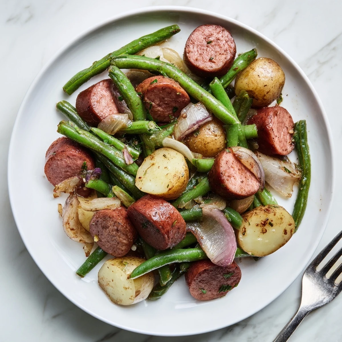 Rustic Crockpot Kielbasa and Green Beans comfort food showcasing sausage rounds and fresh green beans