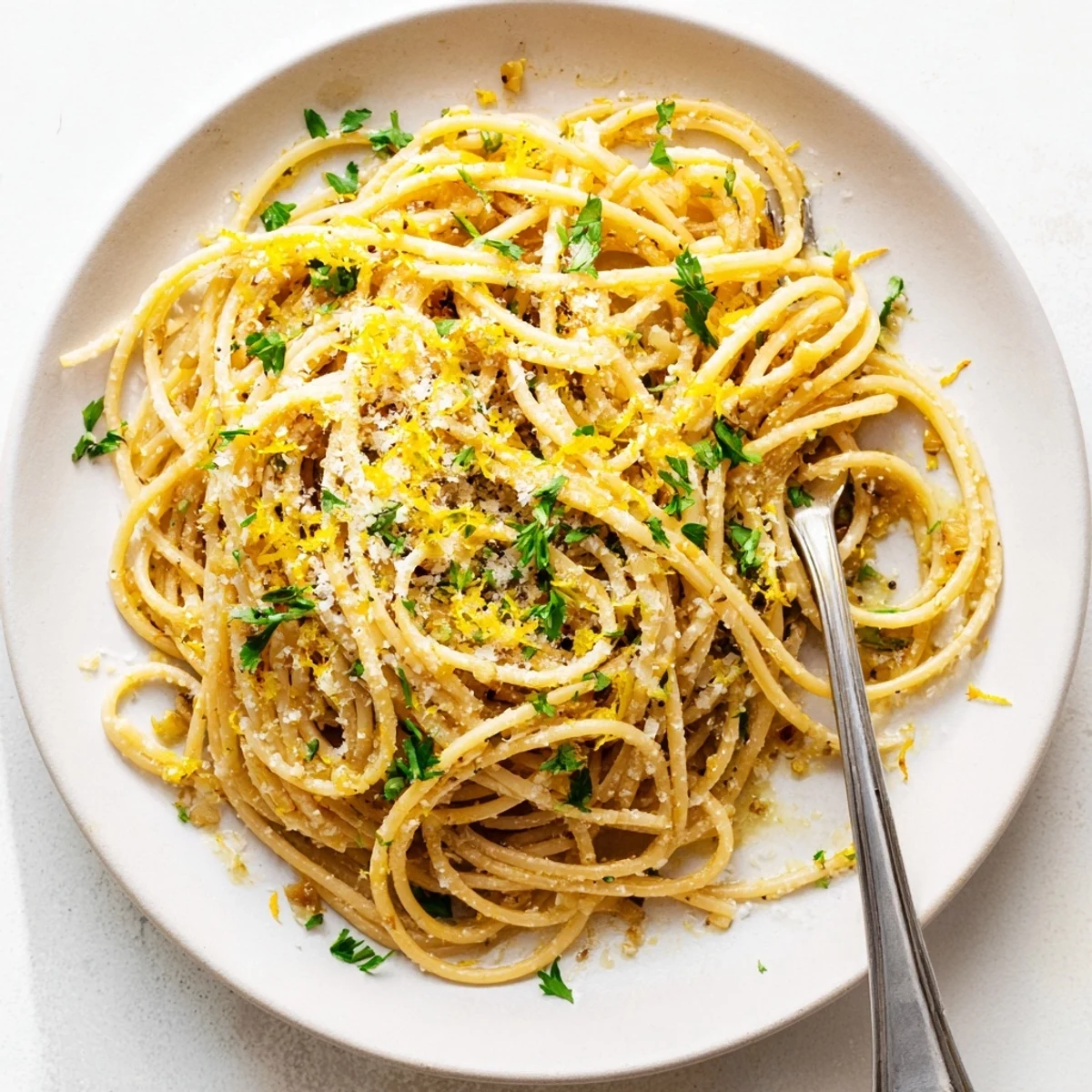 Close up of twirled spaghetti in rich garlic butter sauce with chopped parsley and cheese shavings