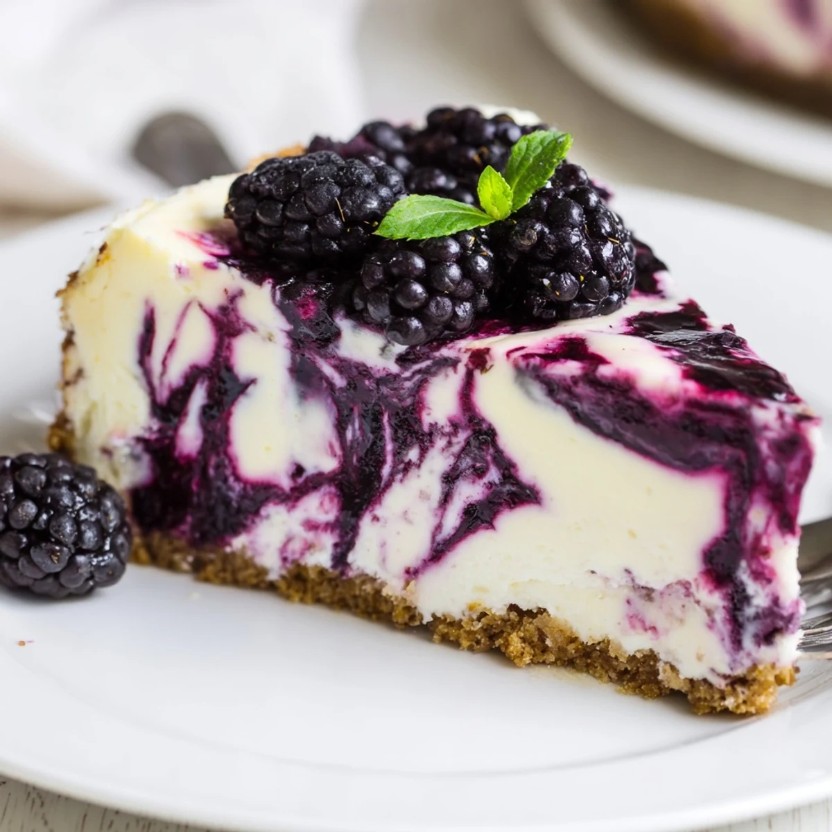 Slice of Blackberry Bliss Cheesecake showing marbled purple swirls on creamy white filling