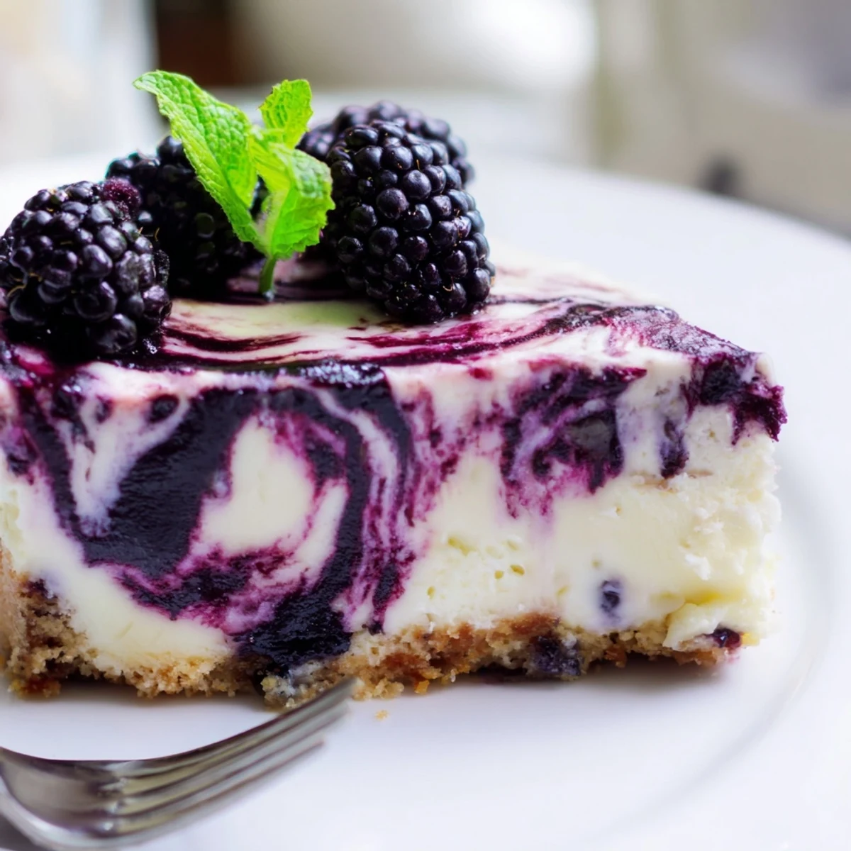 Whole Blackberry Bliss Cheesecake with graham cracker crust topped with fresh berries