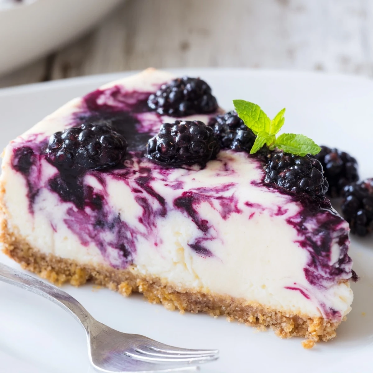 Blackberry Bliss Cheesecake close-up with glossy berry compote and mint garnish
