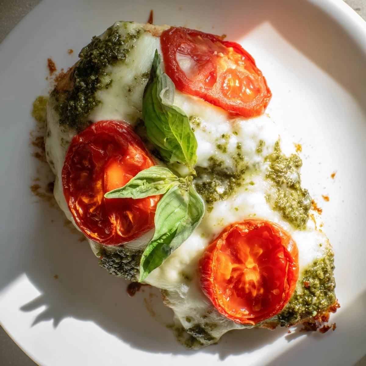 Golden baked pesto caprese chicken featuring bubbling mozzarella and juicy ripe tomato slices
