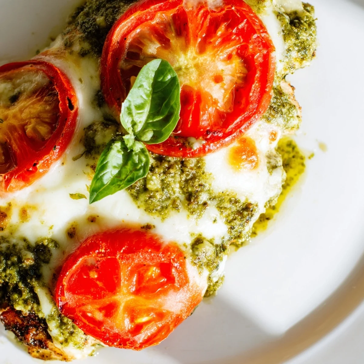 Tender chicken breasts layered with fresh pesto and melted cheese for Italian-inspired dinner