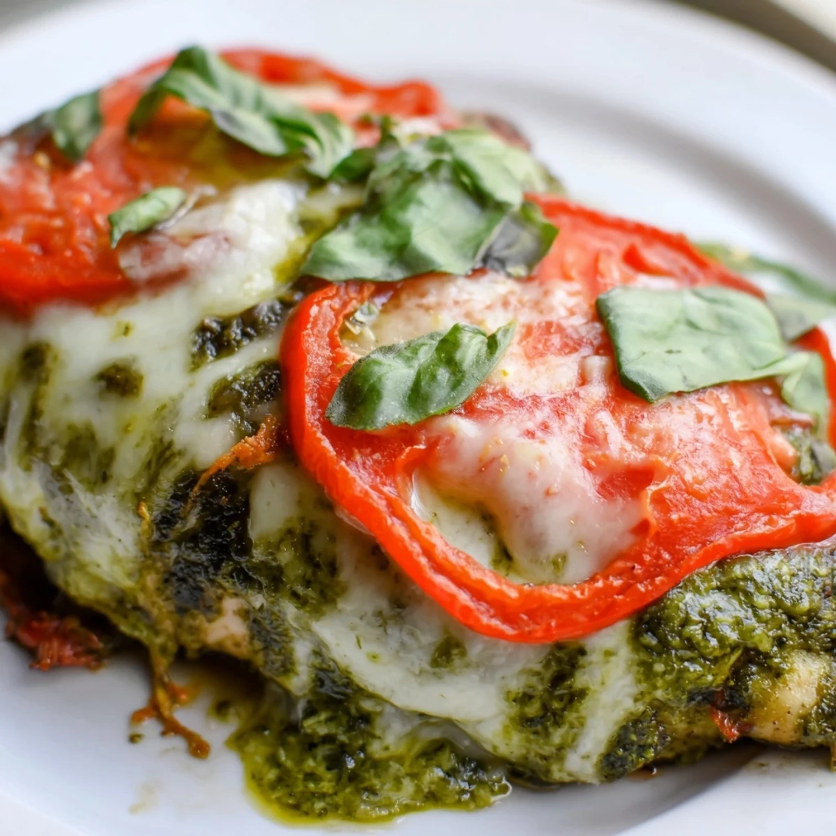 Oven-baked caprese chicken with vibrant basil pesto topped with golden melted mozzarella cheese