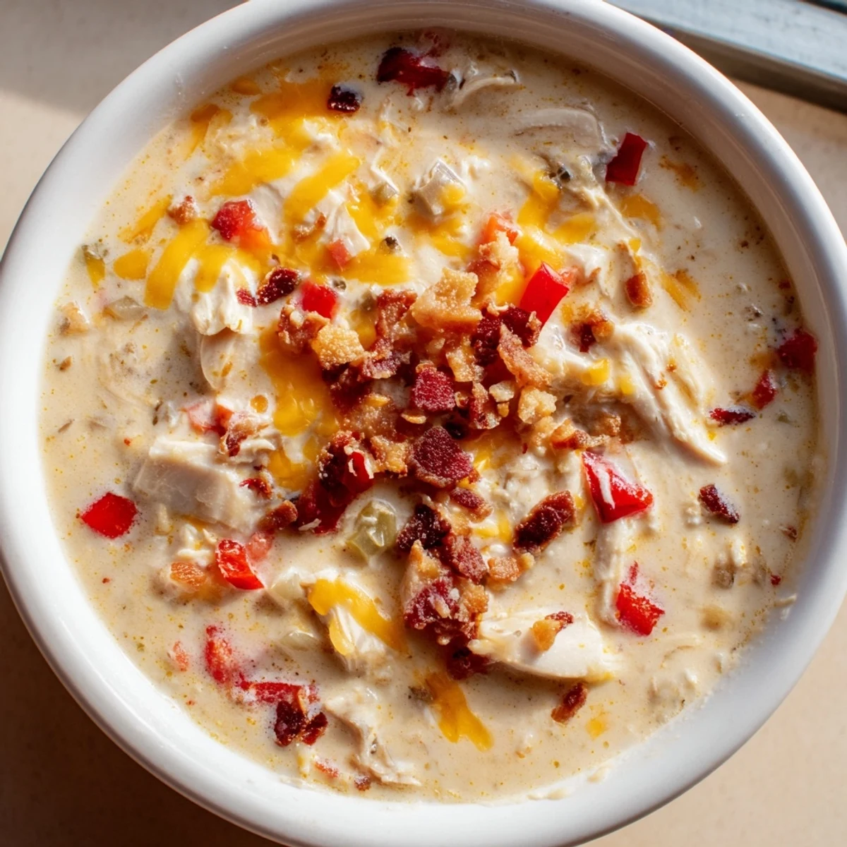 Creamy spicy jalapeno popper chicken soup garnished with crumbled bacon and shredded cheddar cheese