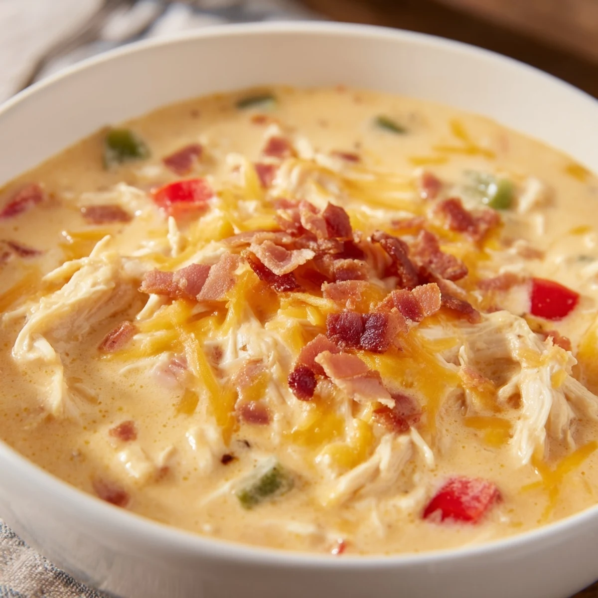 Steaming spicy jalapeno popper chicken soup with tender chicken pieces and colorful red bell peppers