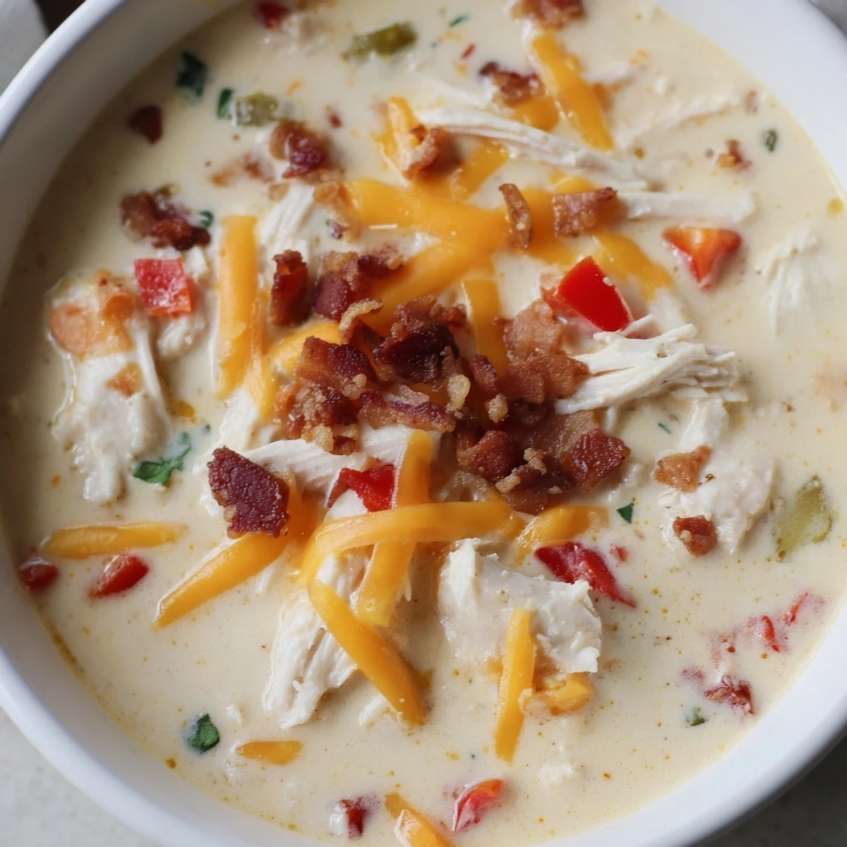 Hearty bowl of spicy jalapeno popper chicken soup topped with green onions and extra cheese