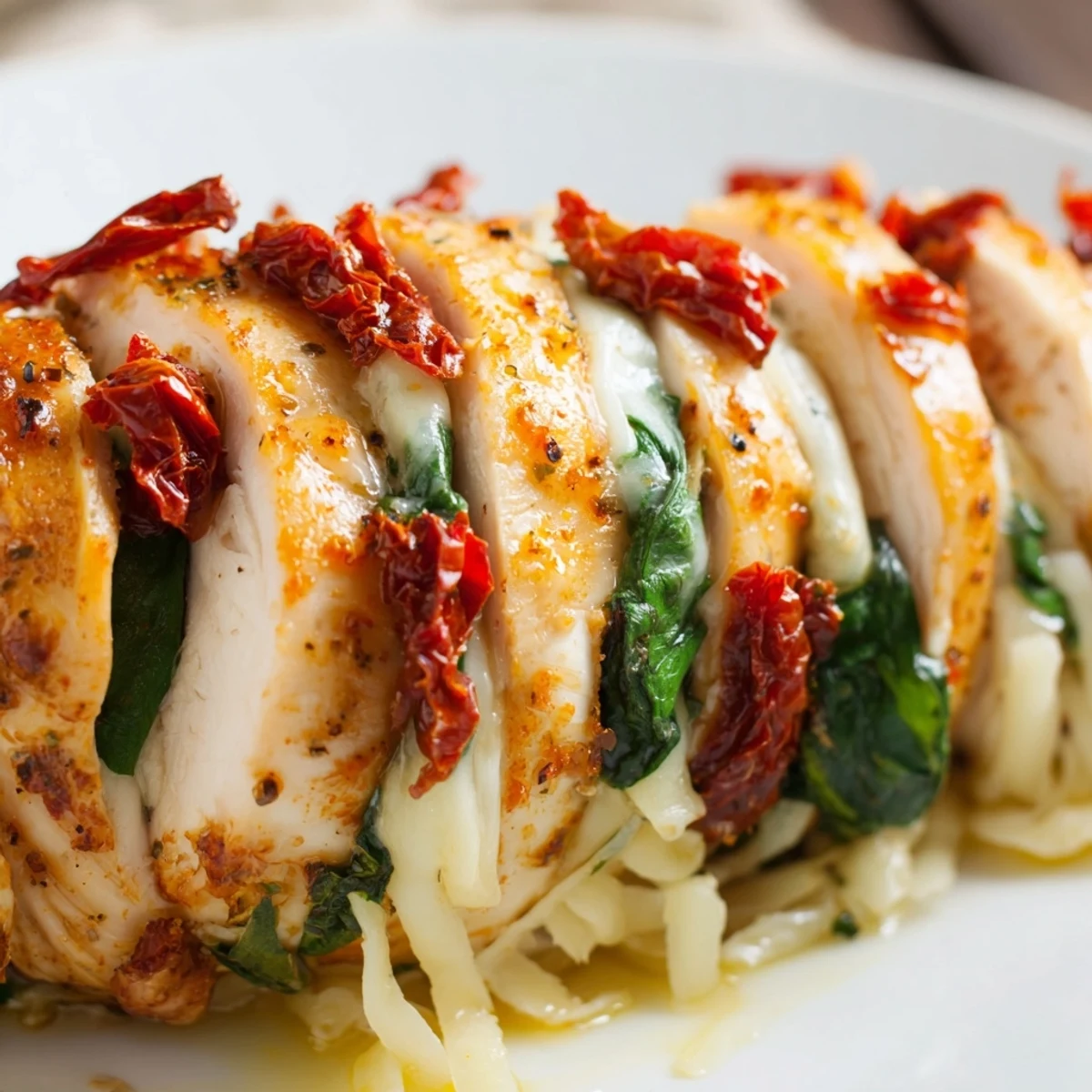 Juicy stuffed Hasselback chicken breasts featuring spinach sun-dried tomatoes and bubbly cheese