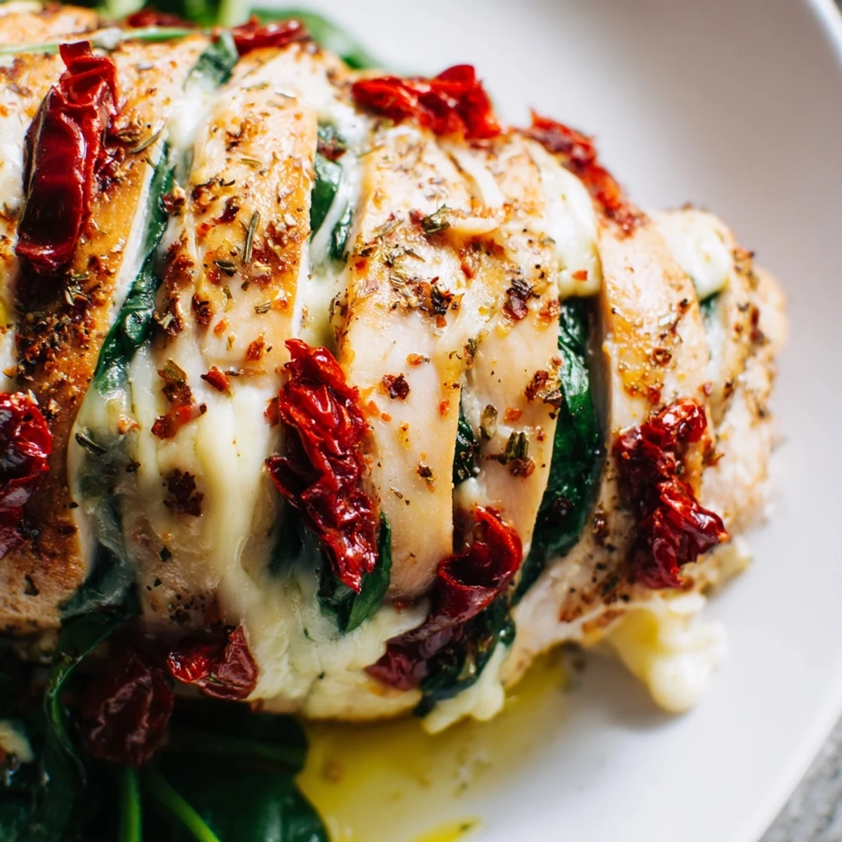Oven-roasted Hasselback chicken with savory Mediterranean filling oozing from decorative slices
