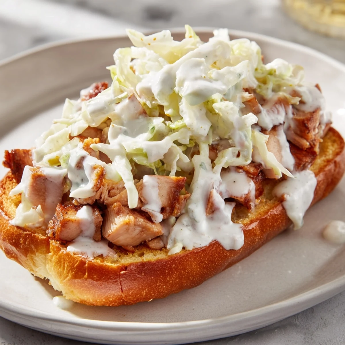 Golden Alabama BBQ chicken sandwich piled high with crispy slaw on toasted bun