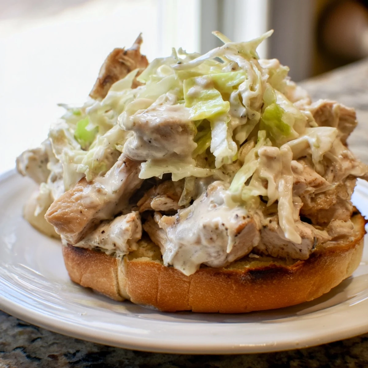 Chopped smoked chicken dripping with tangy Alabama white sauce and fresh cabbage slaw