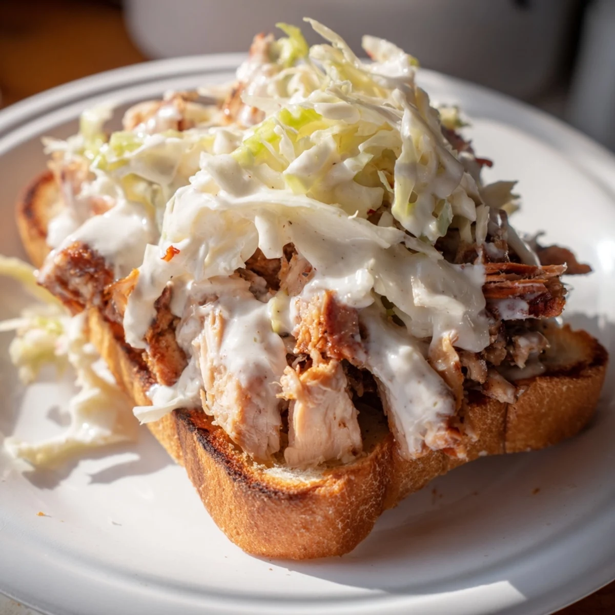 Southern BBQ chicken sandwich featuring creamy white sauce and crunchy coleslaw topping