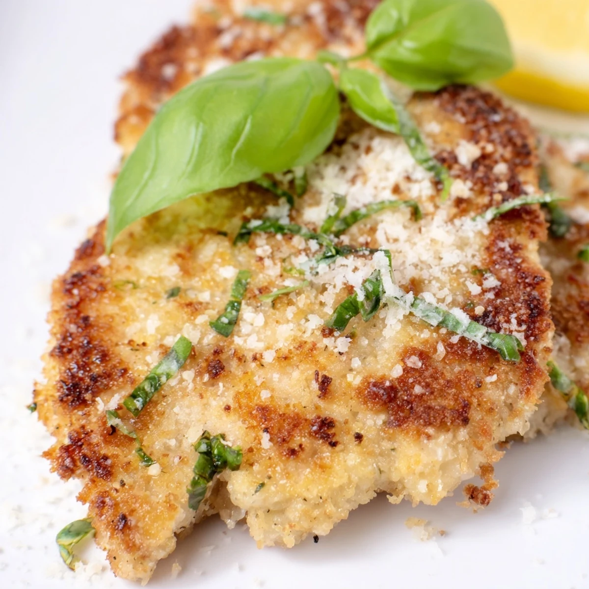 Golden Parmesan basil chicken cutlets sizzling in a skillet with crispy breadcrumb coating