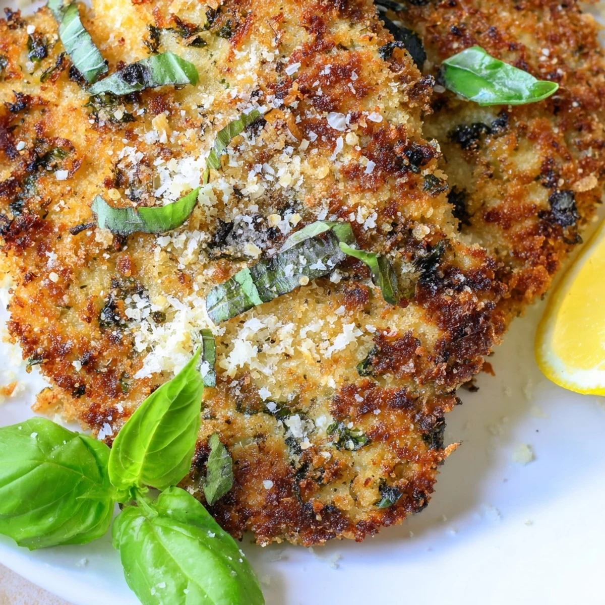 Golden brown chicken cutlets topped with melted Parmesan and fresh basil on white plate