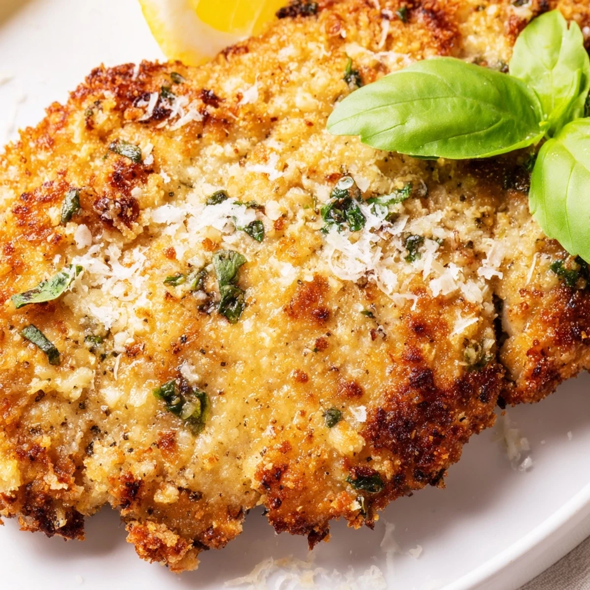 Sizzling Italian-American chicken cutlets with fresh basil and grated Parmesan ready for serving