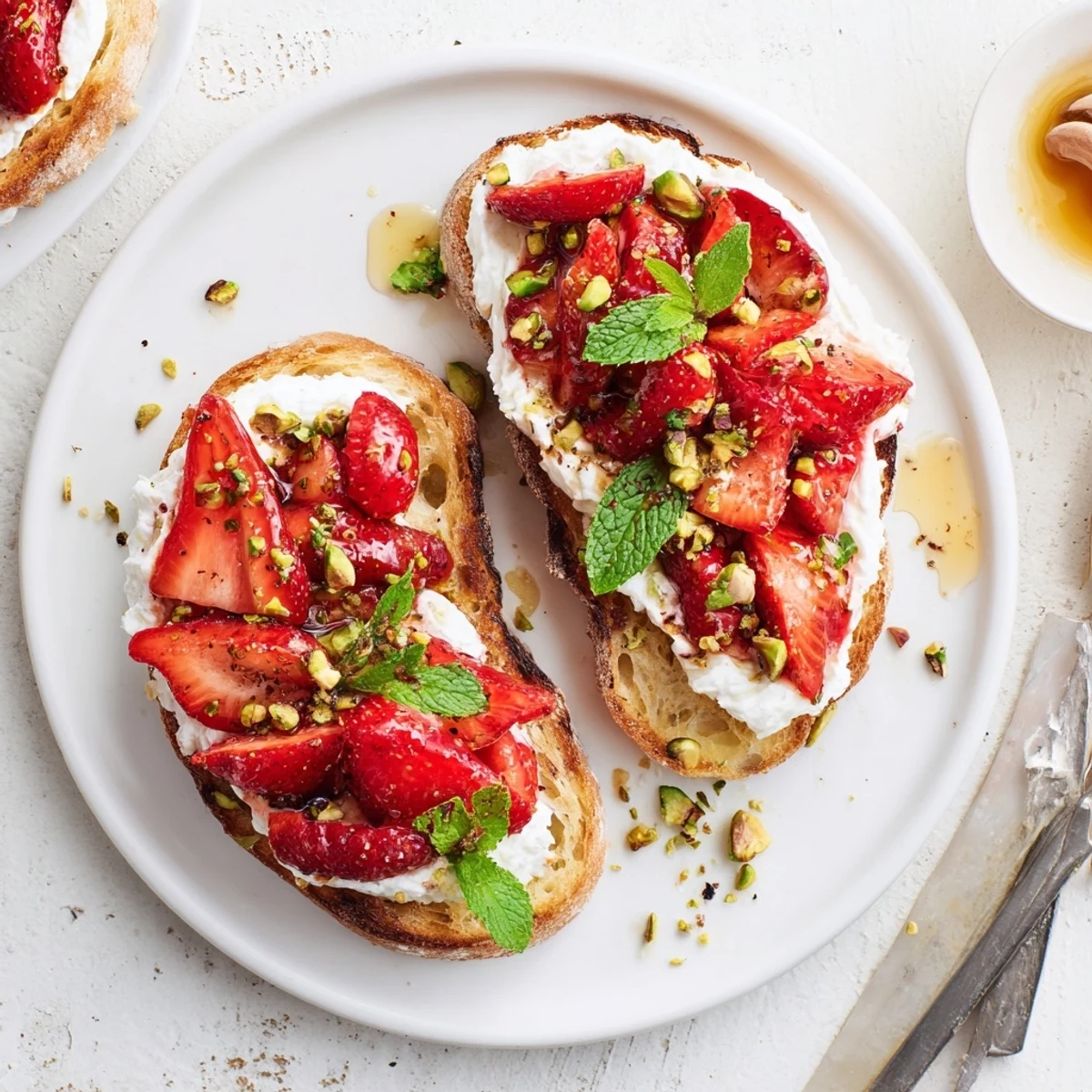 Golden sourdough toast piled high with creamy whipped ricotta and sweet roasted strawberries