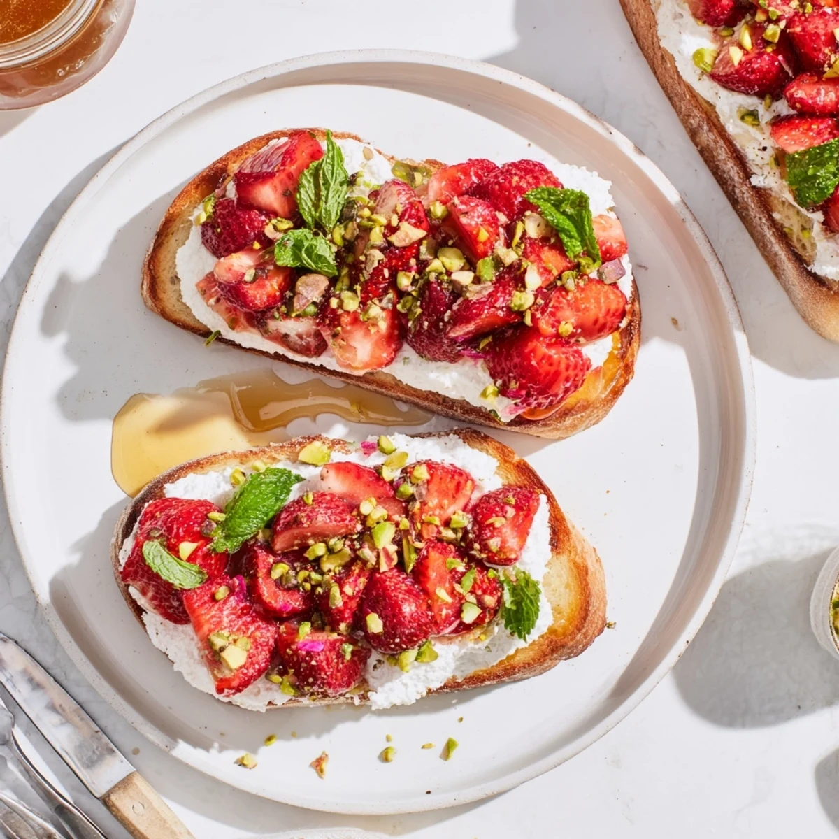 Roasted strawberry whipped ricotta toast topped with juicy red berries and fresh mint leaves