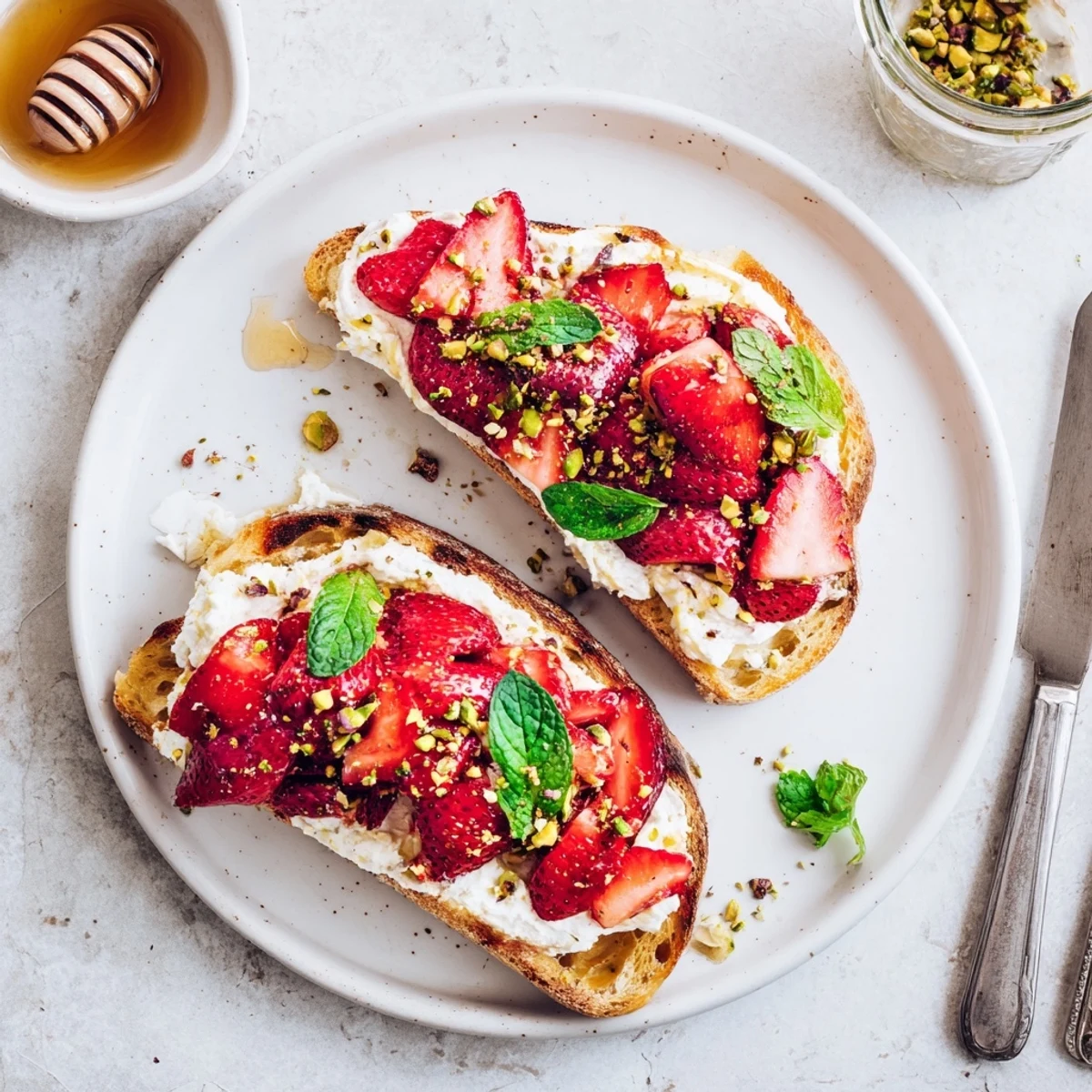 Artisan bread spread with fluffy lemon ricotta topped with syrupy roasted strawberries and honey drizzle