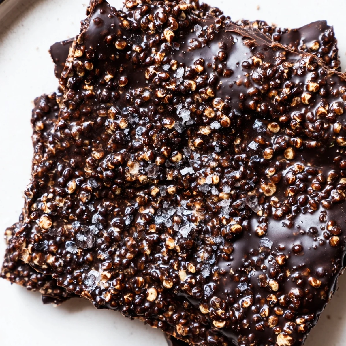 Golden dark chocolate quinoa crisps sprinkled with sea salt on a white plate
