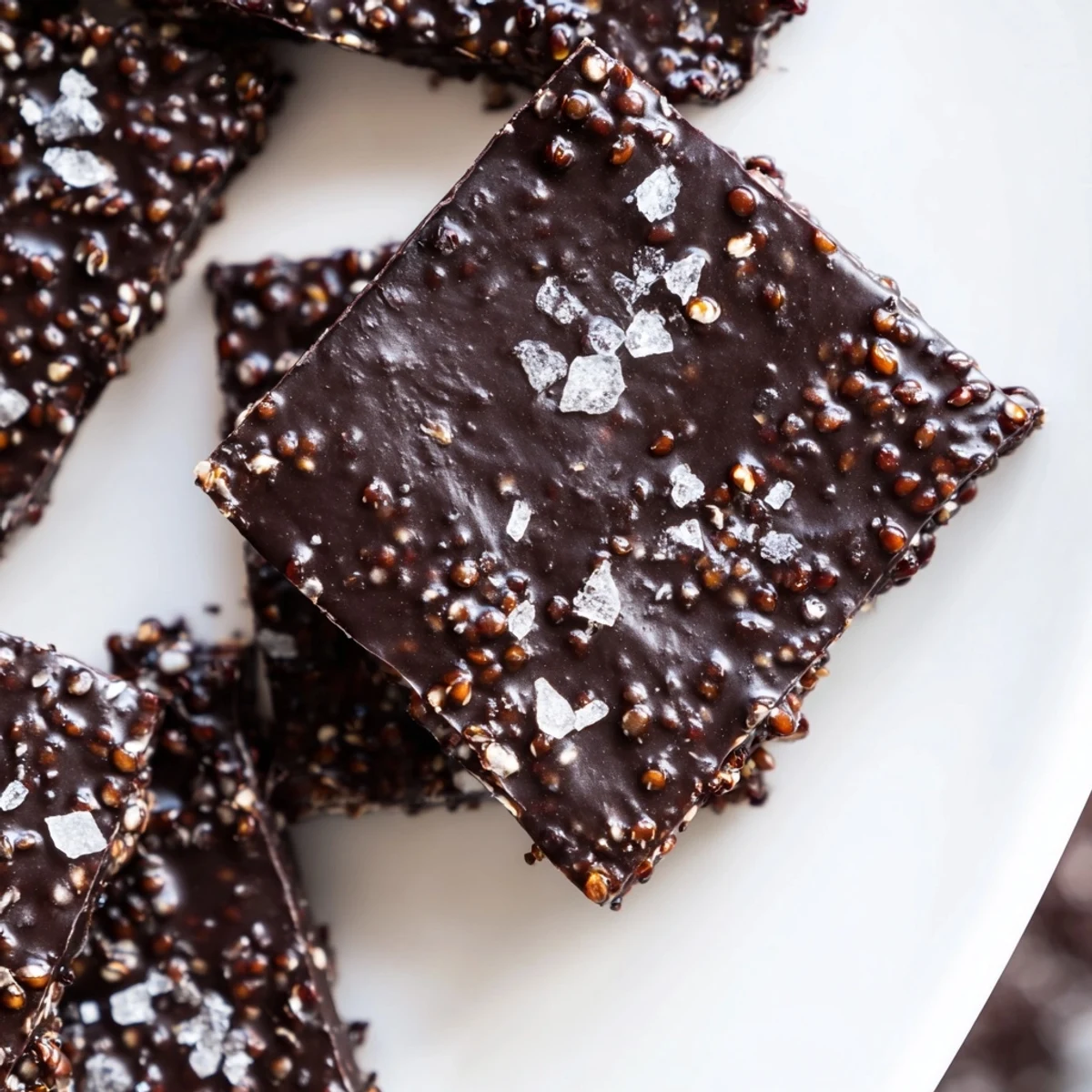 Bite-sized dark chocolate quinoa crisps arranged on marble with scattered toasted quinoa