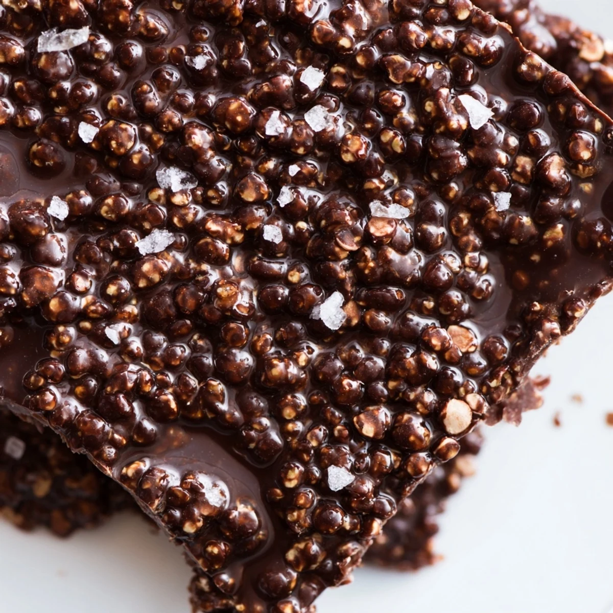 Rich dark chocolate quinoa crisps glistening with sea salt on parchment paper