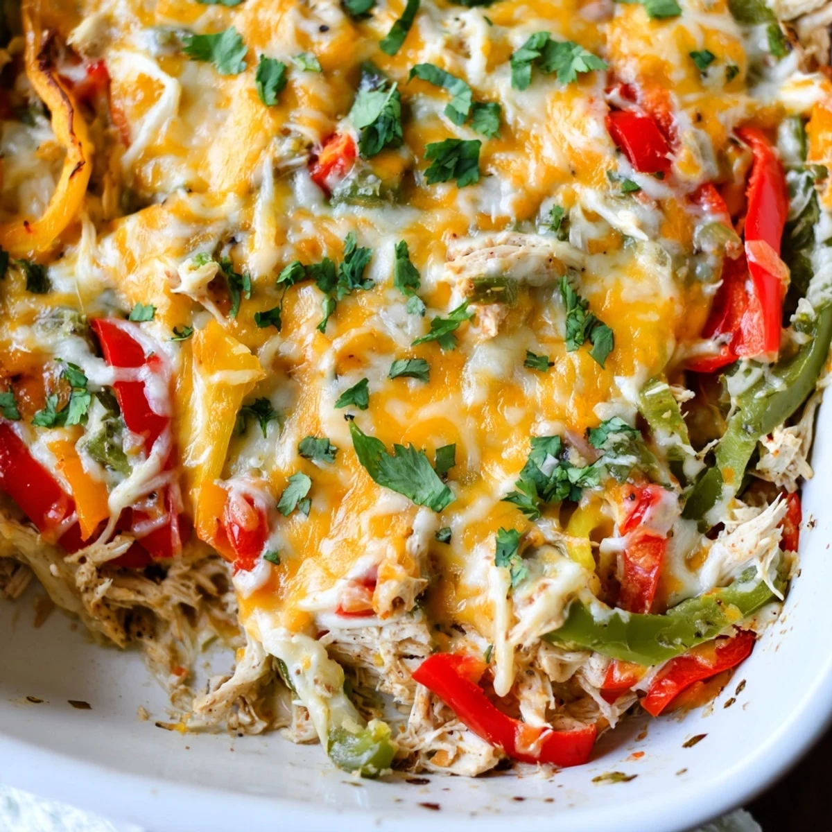 Golden cheesy chicken fajita casserole bubbling with colorful peppers in a baking dish