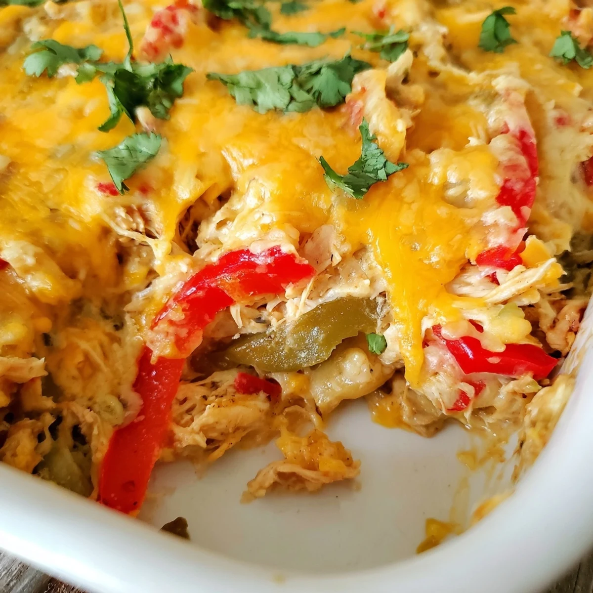 Savory cheesy chicken fajita casserole topped with melted Mexican cheese and fresh cilantro