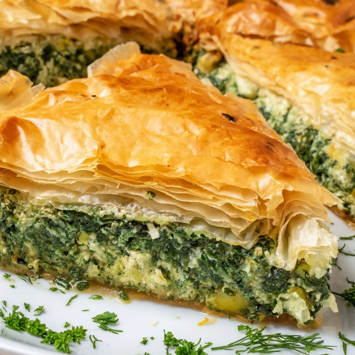 Golden authentic Greek spanakopita with layers of crispy phyllo and spinach feta filling