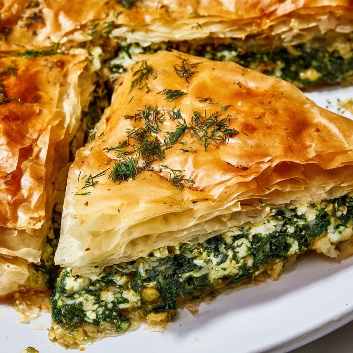 Baked authentic Greek spanakopita pie golden brown with herb filling and buttery phyllo crust