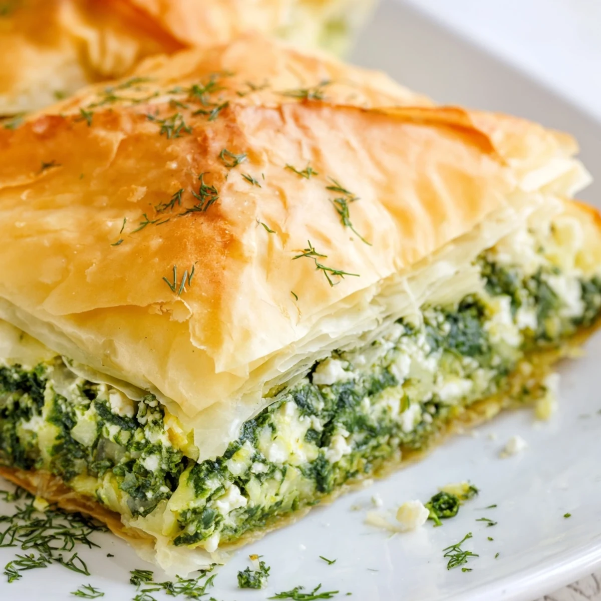 Sliced authentic Greek spanakopita revealing creamy spinach and feta between flaky pastry layers