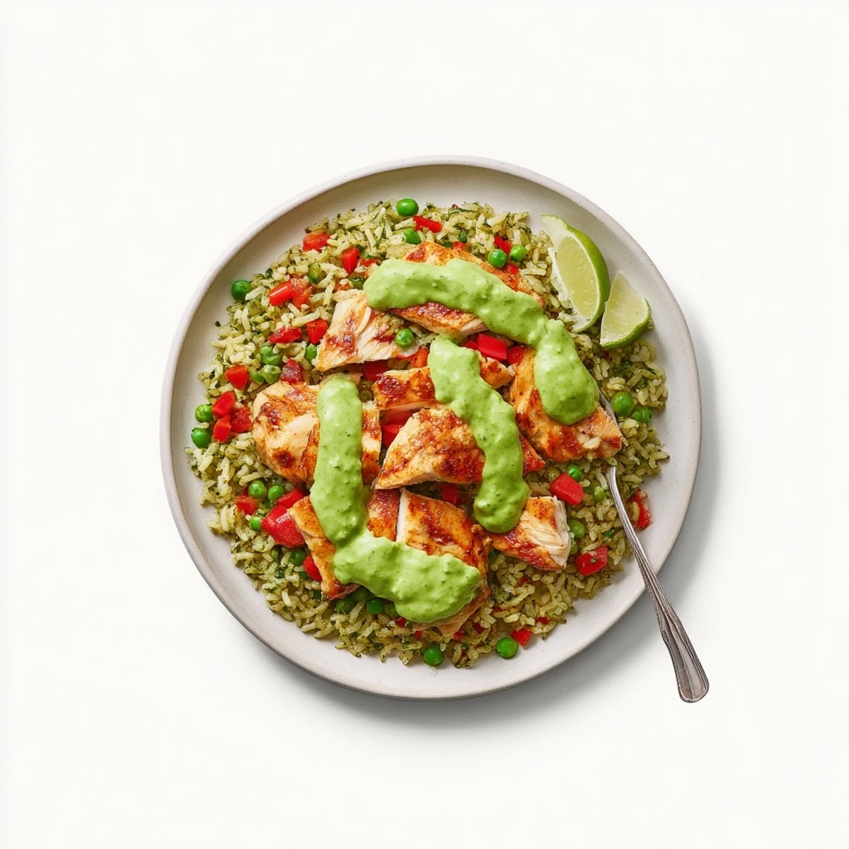 Golden seared chicken thighs nestled over fluffy cilantro rice with vibrant green Peruvian sauce drizzled on top