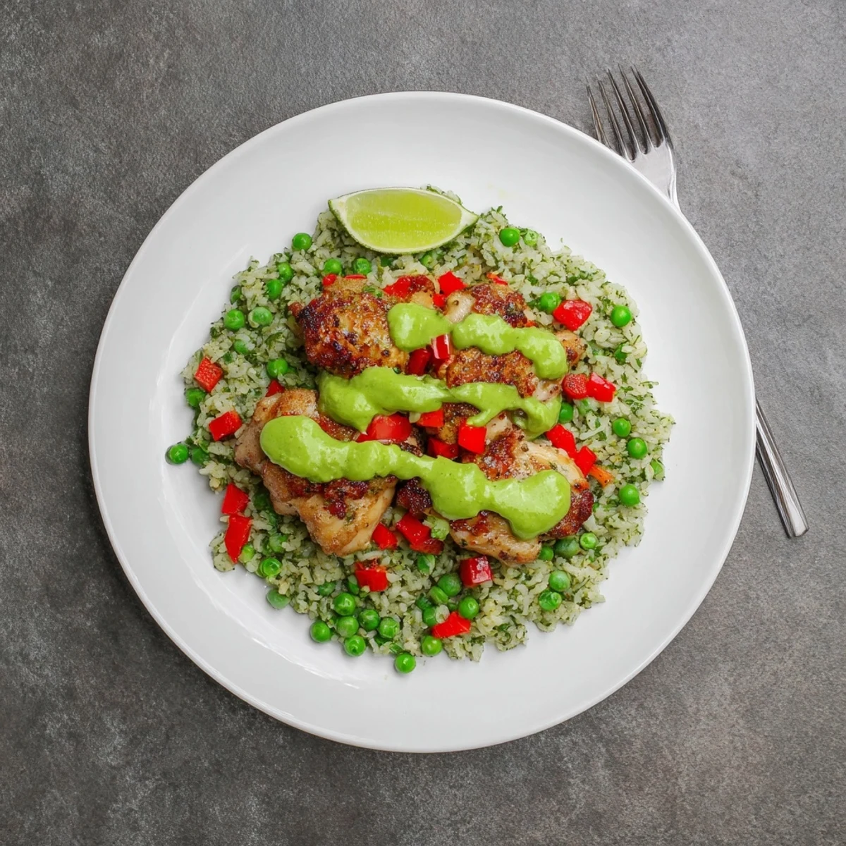 Steaming plate of Peruvian chicken rice with red bell peas and creamy aji verde sauce for garnish