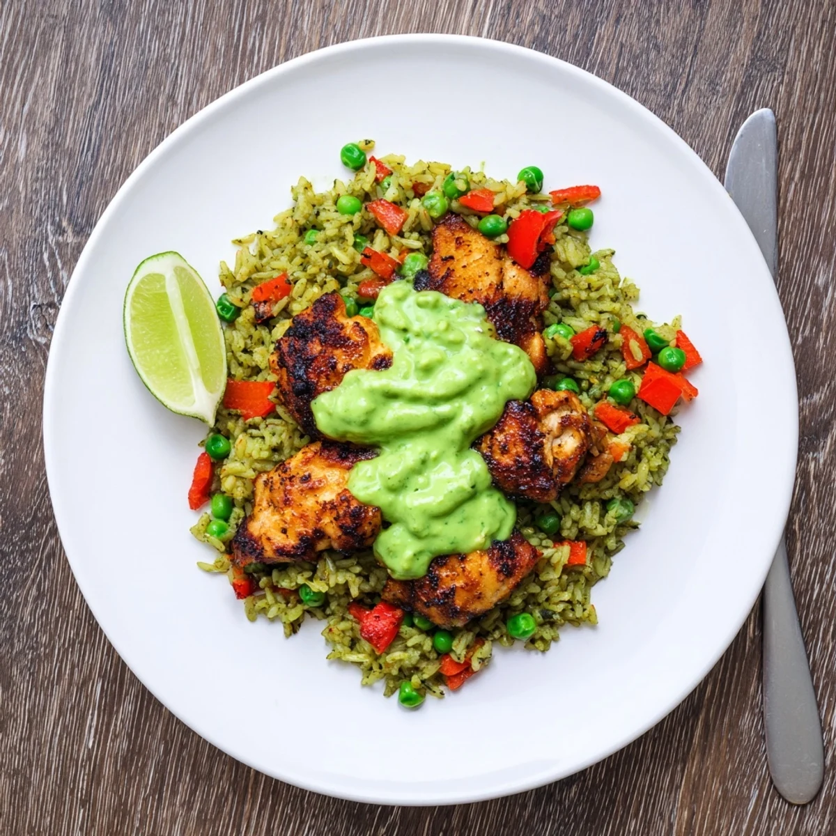 Homemade Peruvian chicken rice served family style with zesty herb sauce and fresh lime wedges