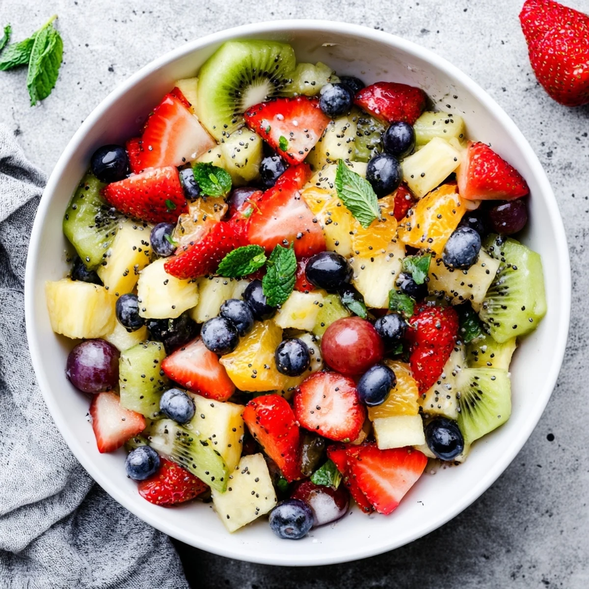 Refreshing Easter fruit salad displayed in glass serving dish featuring vibrant spring fruits and honey lime dressing